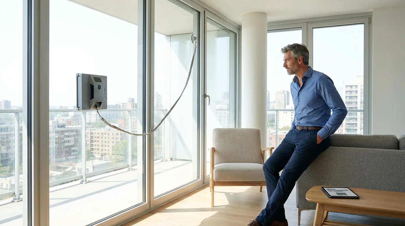 Un homme observe son robot lave vitre en action sur une grande baie vitrée depuis l'intérieur de son salon