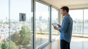 Robot lave vitre automatique en action sur une grande vitre dans un intérieur moderne européen