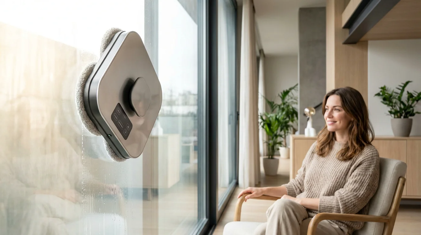 Robot lave vitre automatique en fonctionnement sur une grande baie vitrée dans un appartement moderne