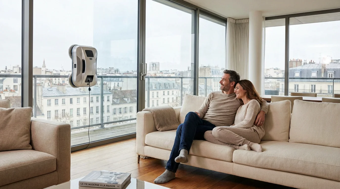 Couple européen se détendant dans un salon moderne tandis qu'un robot lave vitre nettoie automatiquement la baie vitrée