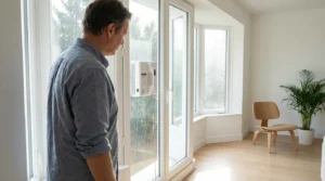 Robot lave-vitre en action sur une grande baie vitrée dans un intérieur moderne et lumineux