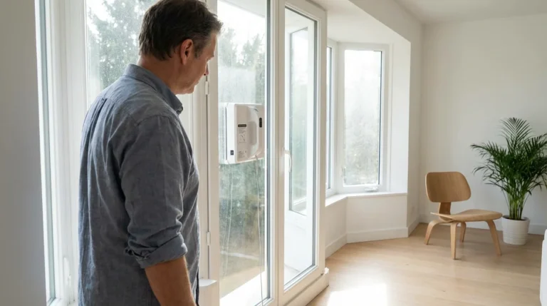 Robot lave-vitre en action sur une grande baie vitrée dans un intérieur moderne et lumineux