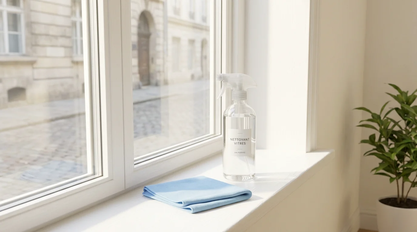 Pulvérisateur et lingette microfibre posés sur le rebord d'une fenêtre propre éclairée par la lumière naturelle