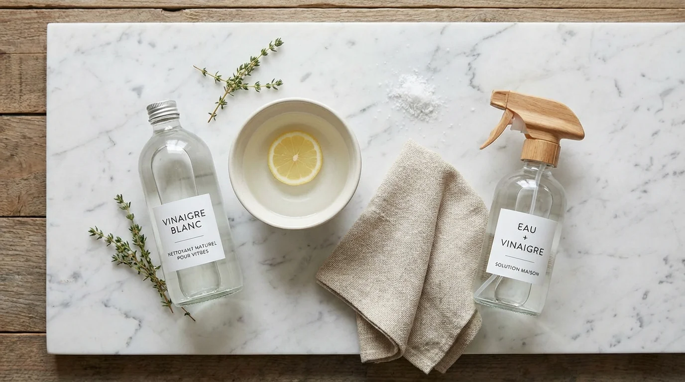 Ingrédients naturels pour nettoyer les vitres disposés sur une surface claire : vinaigre blanc, eau, lingette microfibre et pulvérisateur