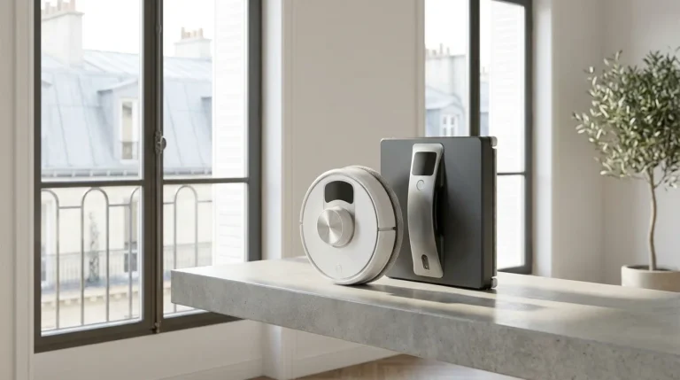 Robot lave-vitre rond et robot lave-vitre rectangulaire présentés côte à côte dans un intérieur moderne