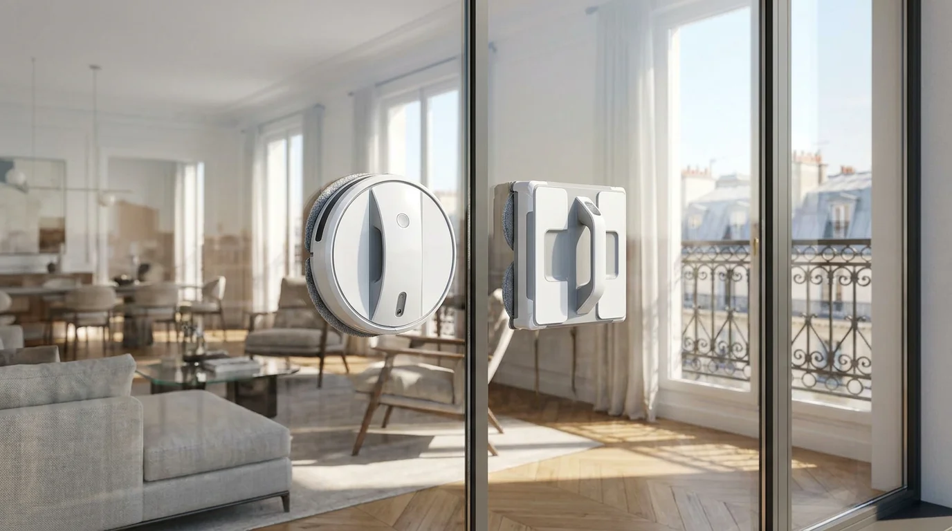 Comparaison visuelle entre un robot lave-vitre rond et un robot lave-vitre rectangulaire posés sur une baie vitrée