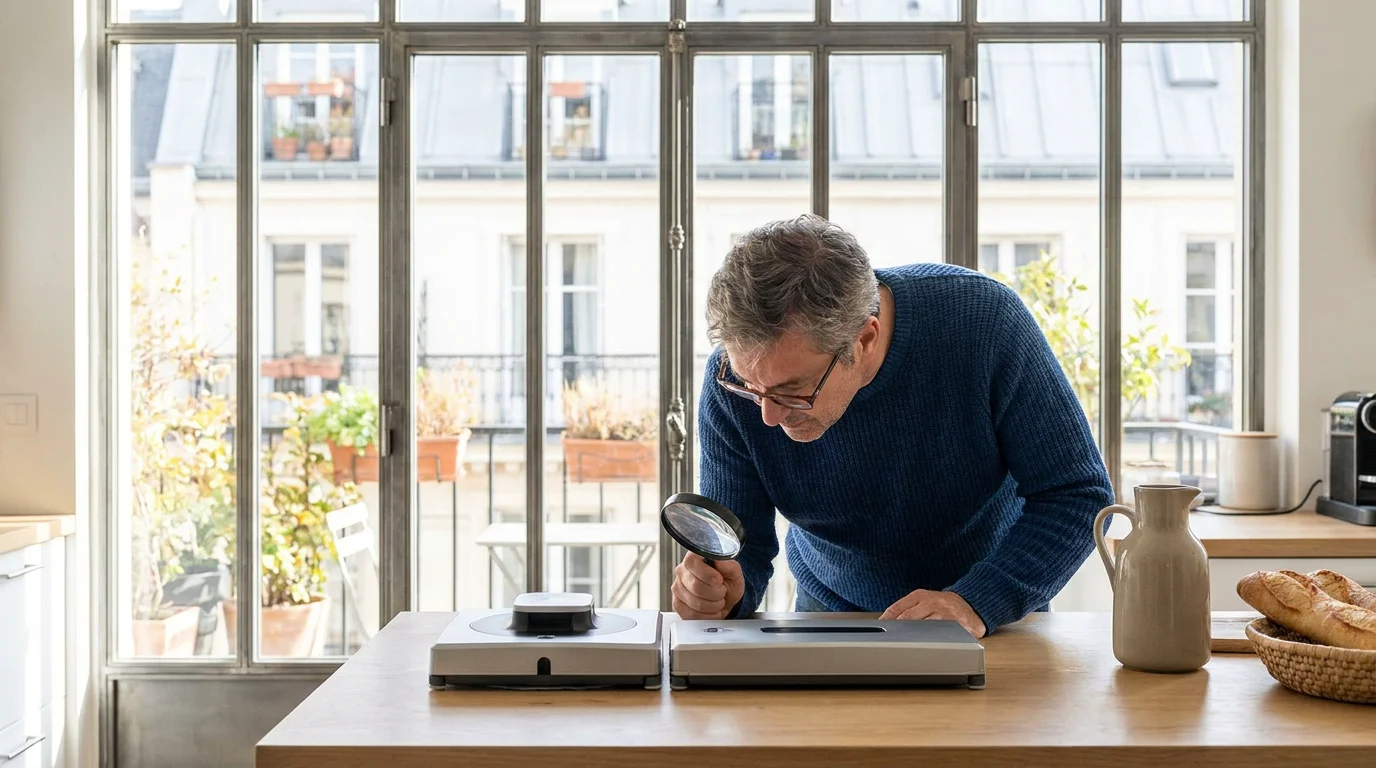 Personne examinant les caractéristiques techniques de robots lave-vitres avant achat