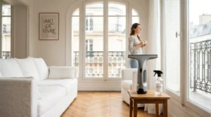 Salon lumineux avec grandes baies vitrées propres et nettoyeur de vitres sans fil posé sur une table d'appoint