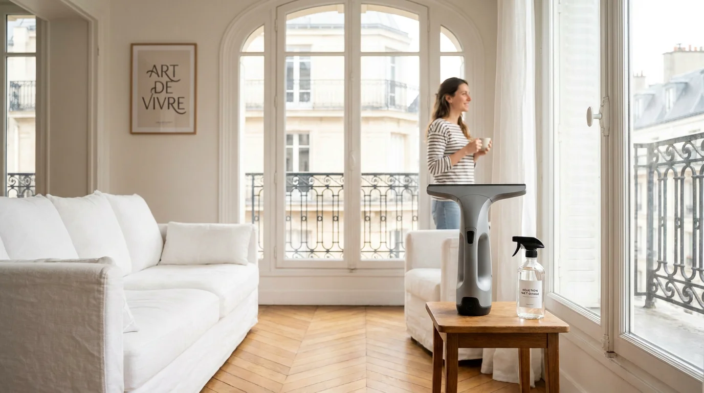 Salon lumineux avec grandes baies vitrées propres et nettoyeur de vitres sans fil posé sur une table d'appoint