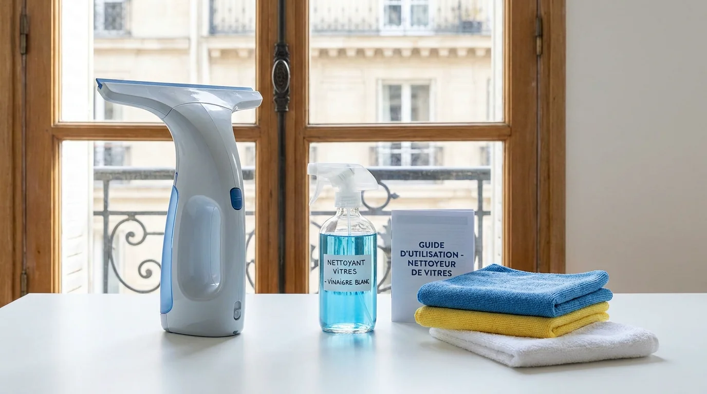 Nettoyeur aspirateur de vitres sans fil compact avec accessoires sur un plan de travail lumineux