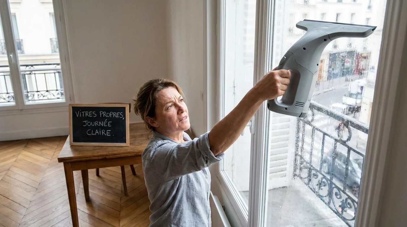Femme nettoyant une grande baie vitrée avec un aspirateur de vitres manuel, bras levé