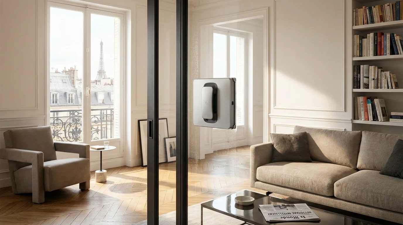 Robot lave-vitre posé sur une baie vitrée dans un intérieur moderne en France