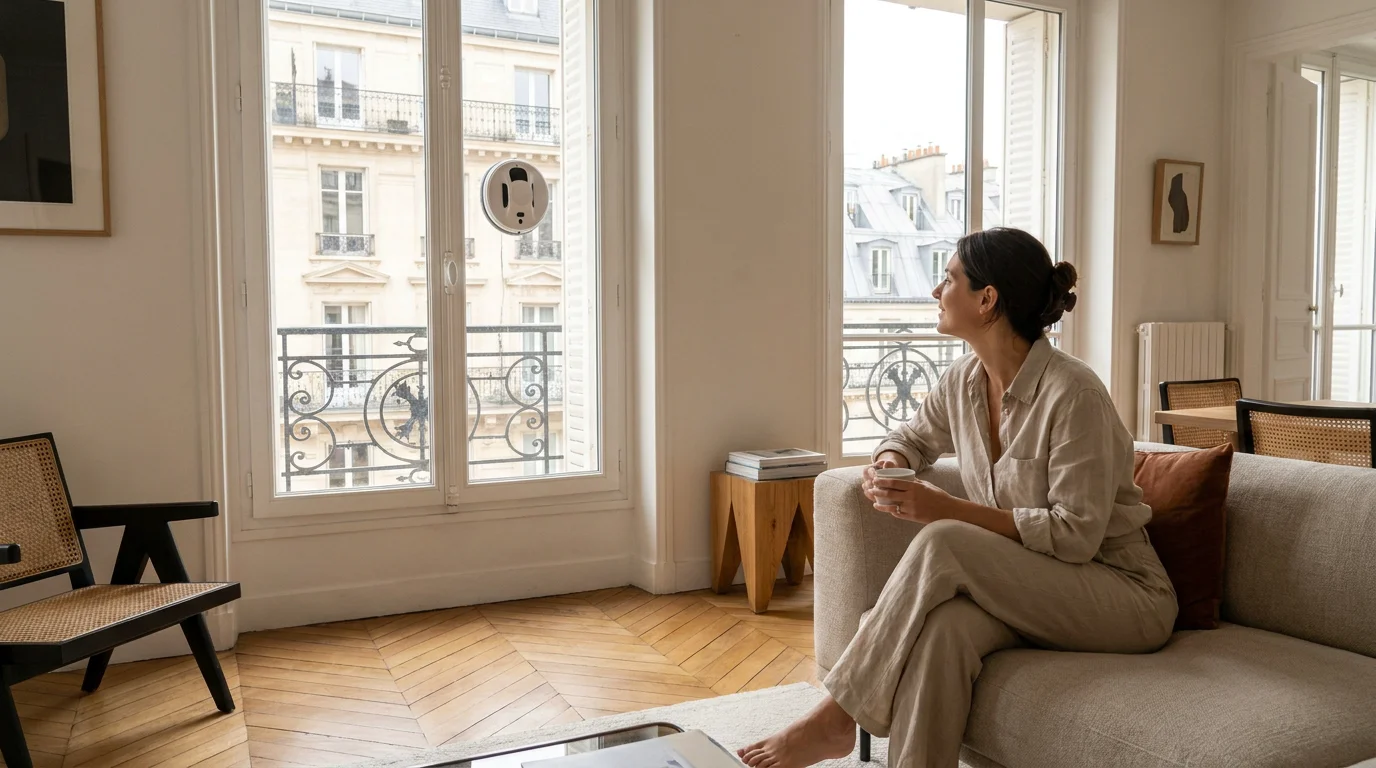 Personne observant un robot lave-vitre en fonctionnement sur une fenêtre d'appartement français
