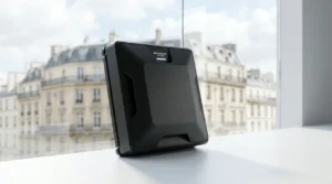 Robot lave-vitre rectangulaire noir présenté sur fond lumineux devant une baie vitrée