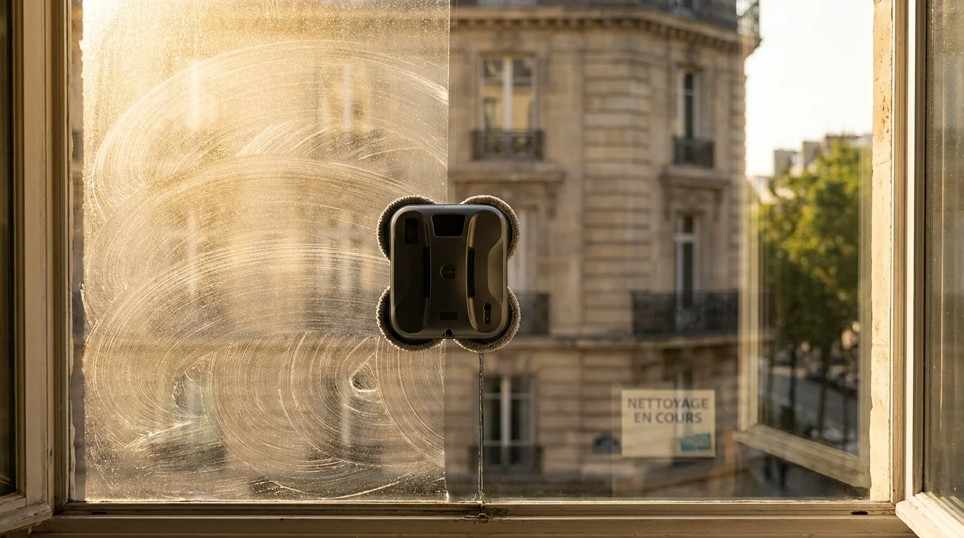 Gros plan sur une vitre partiellement nettoyée par un robot avec des traces circulaires visibles au soleil