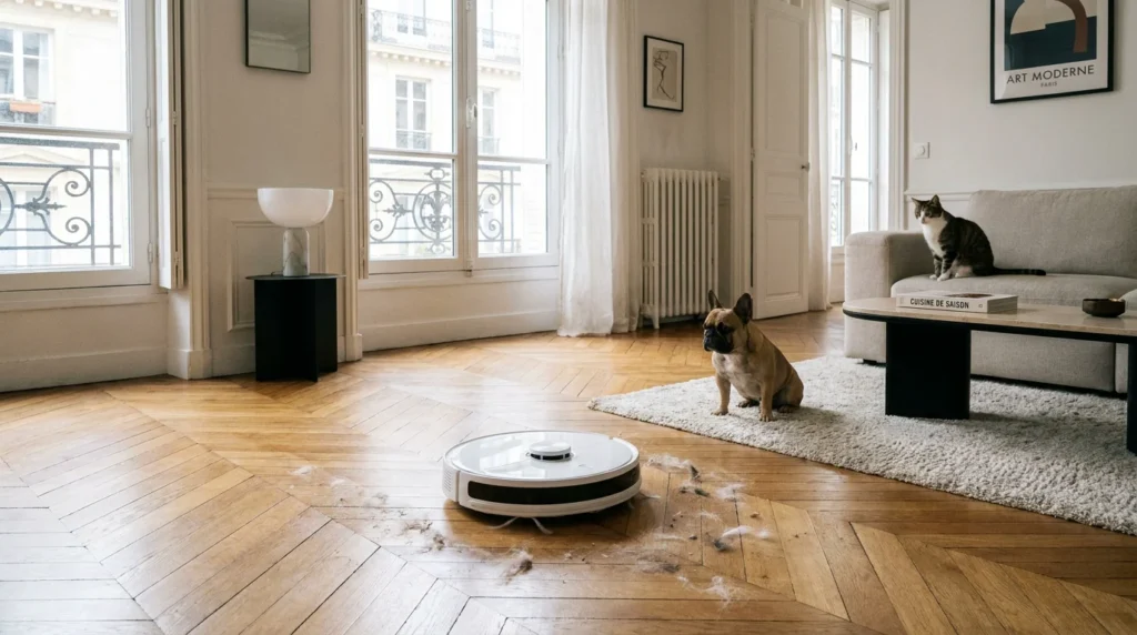 Robot aspirateur nettoyant un salon français en présence d'un chien et d'un chat