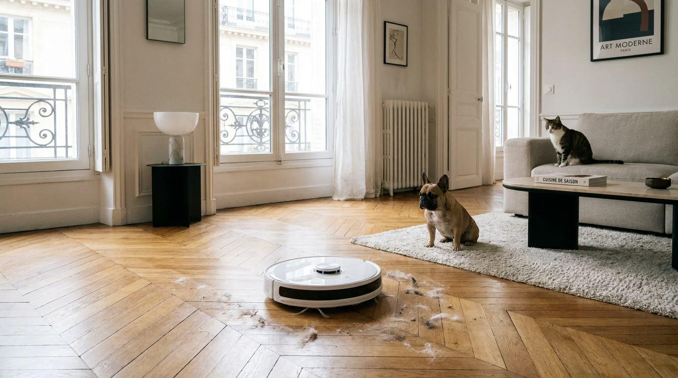 Robot aspirateur nettoyant un salon français en présence d'un chien et d'un chat