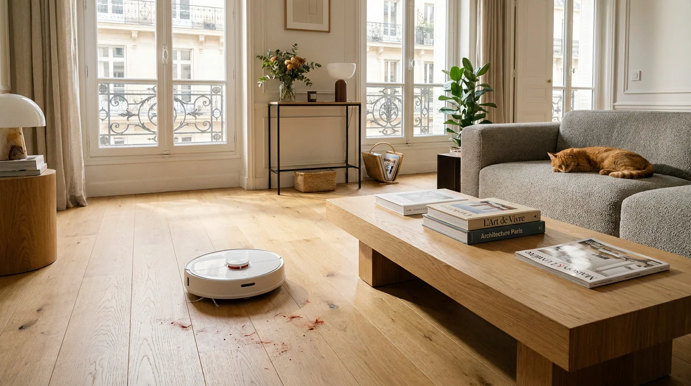 Robot aspirateur nettoyant un parquet dans un salon français avec un chat en arrière-plan