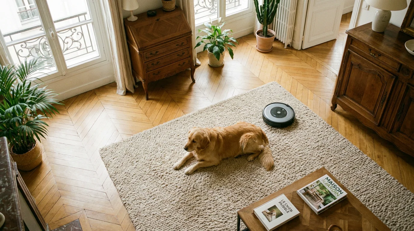 Chien allongé paisiblement sur un tapis pendant le passage d'un robot aspirateur