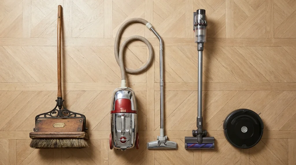 Différentes générations d'aspirateurs disposées sur un parquet, du balai mécanique ancien au robot moderne