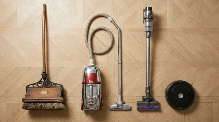Différentes générations d'aspirateurs disposées sur un parquet, du balai mécanique ancien au robot moderne