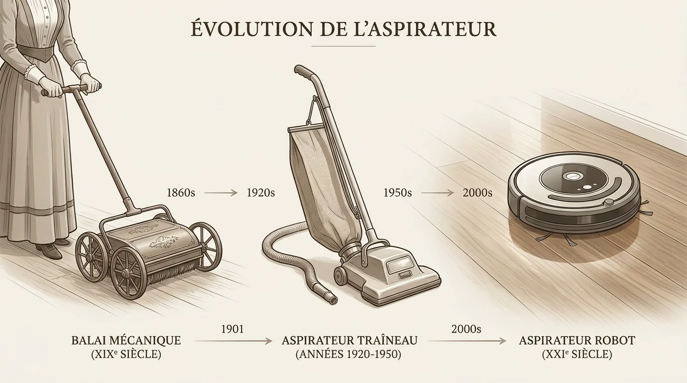 Frise chronologique illustrant l'évolution de l'aspirateur du XIXe siècle au robot moderne