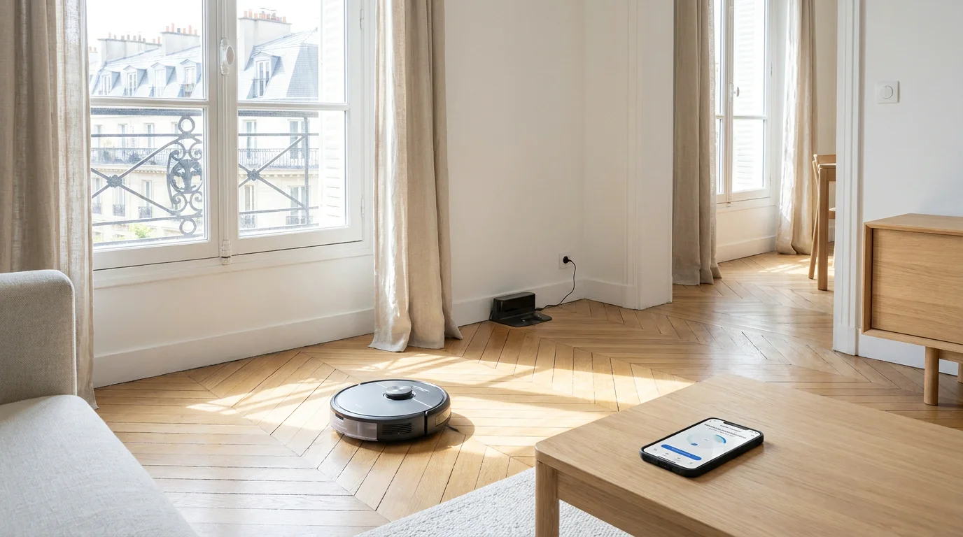 Aspirateur robot connecté en fonctionnement dans un intérieur français moderne