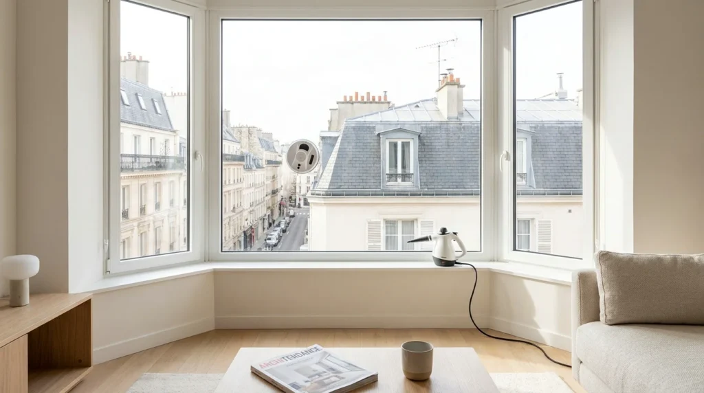 Robot lave-vitre et nettoyeur vapeur devant une baie vitrée dans un intérieur français moderne