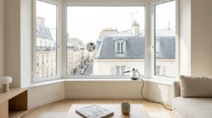 Robot lave-vitre et nettoyeur vapeur devant une baie vitrée dans un intérieur français moderne