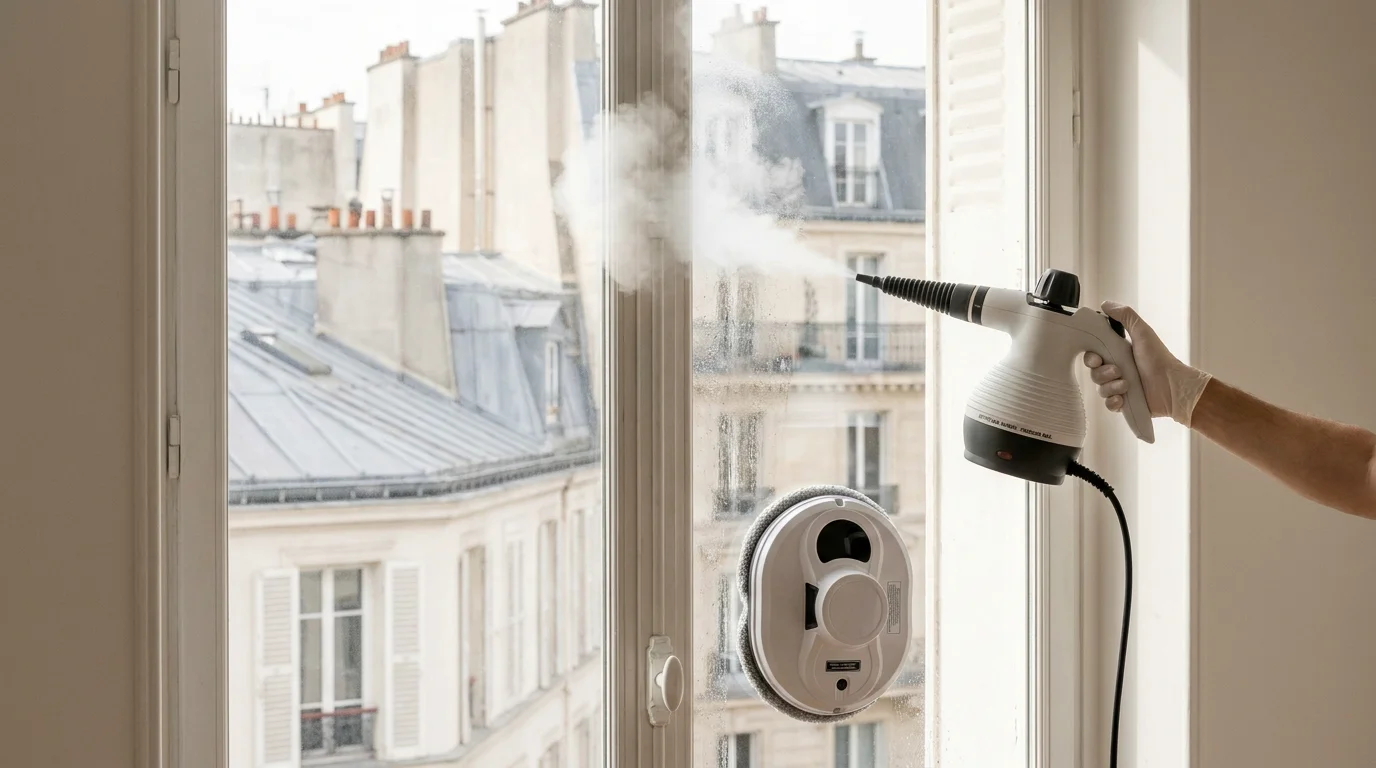 Nettoyeur vapeur en action sur une vitre avec un robot lave-vitre positionné pour le passage suivant