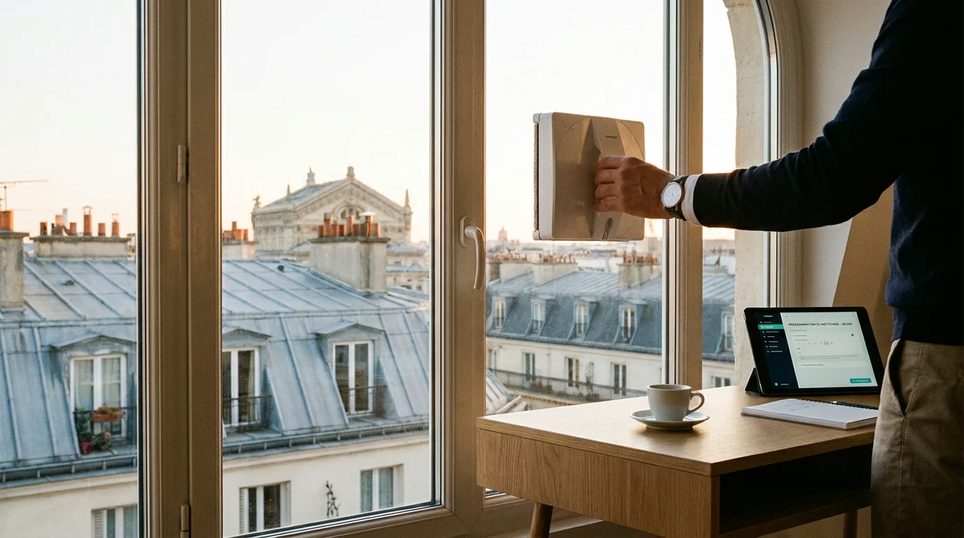 Installation d'un robot lave vitre sur une fenêtre d'appartement en France