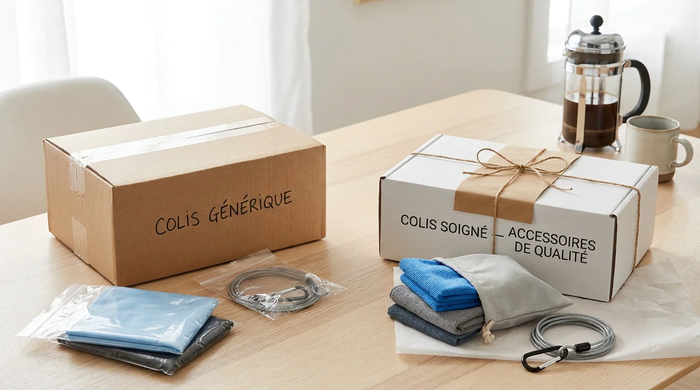 Accessoires de robot lave vitre disposés sur une table, incluant lingettes microfibre et câble de sécurité