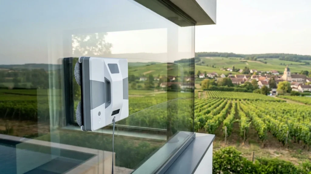 Robot lave-vitre automatique nettoyant une grande baie vitrée