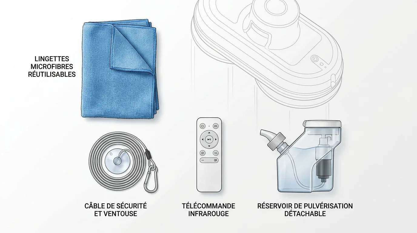 Accessoires d'un robot lave-vitre : lingettes, câble de sécurité et télécommande