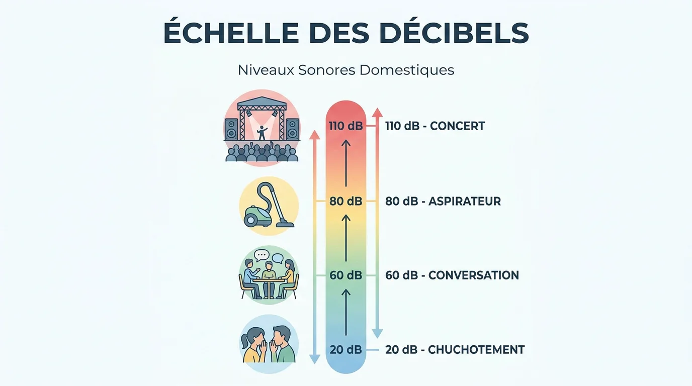 Échelle des décibels illustrant les niveaux sonores du quotidien, de 20 dB à 120 dB