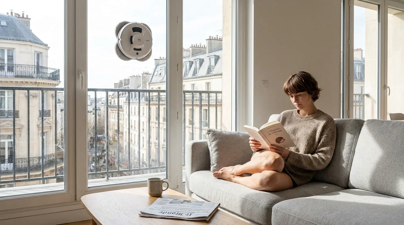 Robot lave-vitre en fonctionnement sur une baie vitrée pendant qu'une personne lit au calme