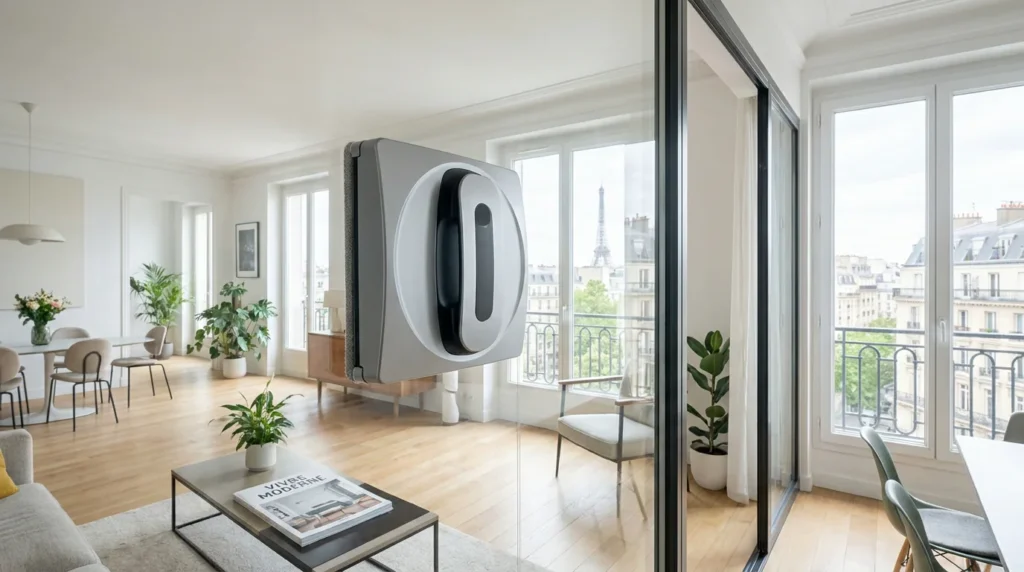 Robot lave-vitre en action sur une grande baie vitrée dans un intérieur moderne