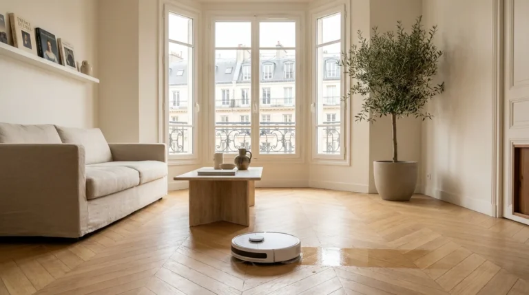 Robot de nettoyage autonome dans un salon moderne français avec lumière naturelle