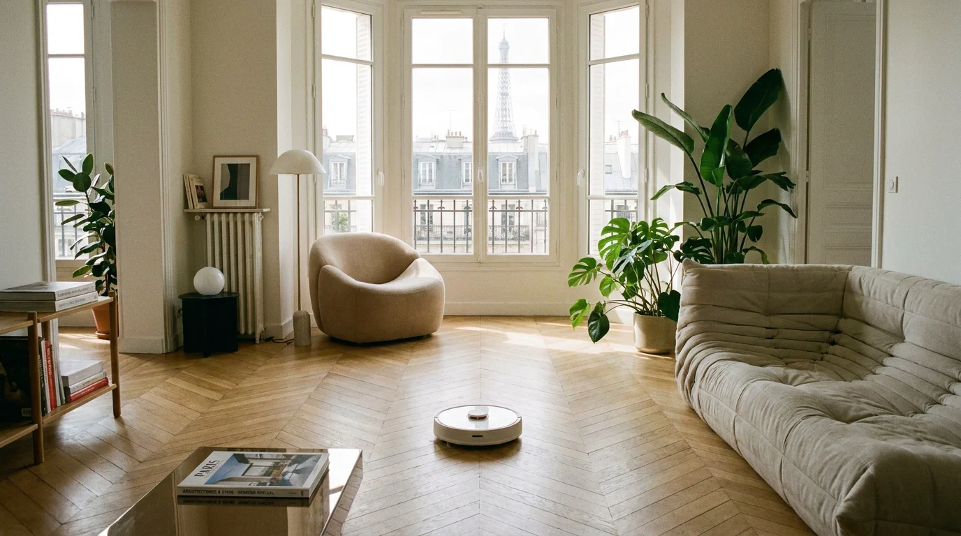 Robot aspirateur autonome en fonctionnement dans un salon français moderne avec baie vitrée