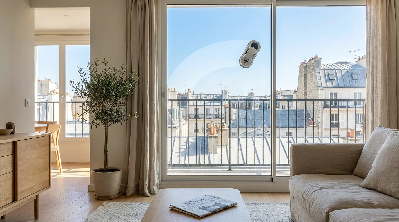 Robot lave-vitre automatique nettoyant une grande baie vitrée dans un intérieur français lumineux