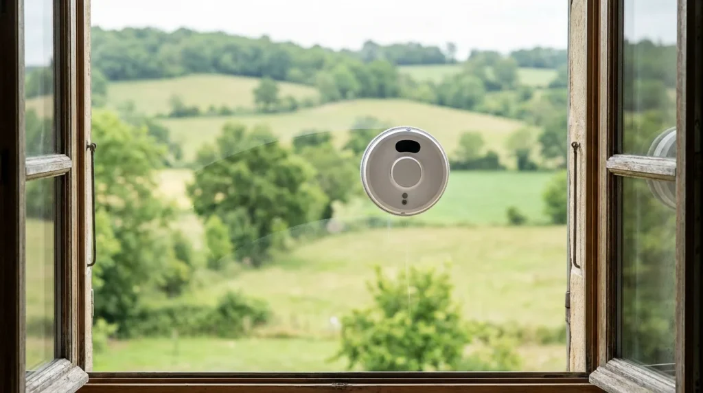 Robot lave-vitre rond fixé sur une baie vitrée avec vue sur un jardin français