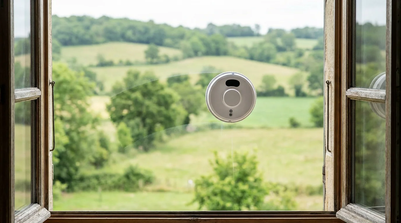 Robot lave-vitre rond fixé sur une baie vitrée avec vue sur un jardin français