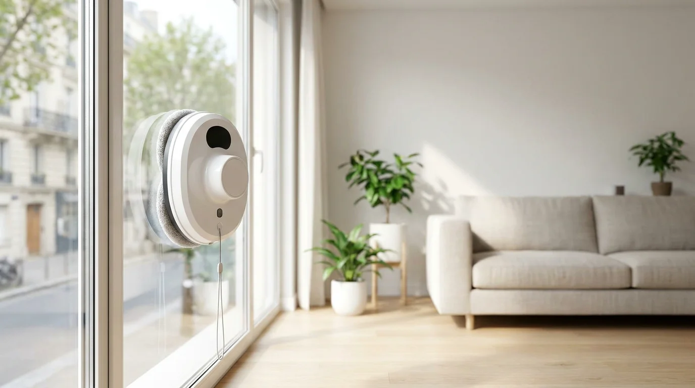 Robot lave-vitre rond posé sur une grande baie vitrée dans un intérieur moderne