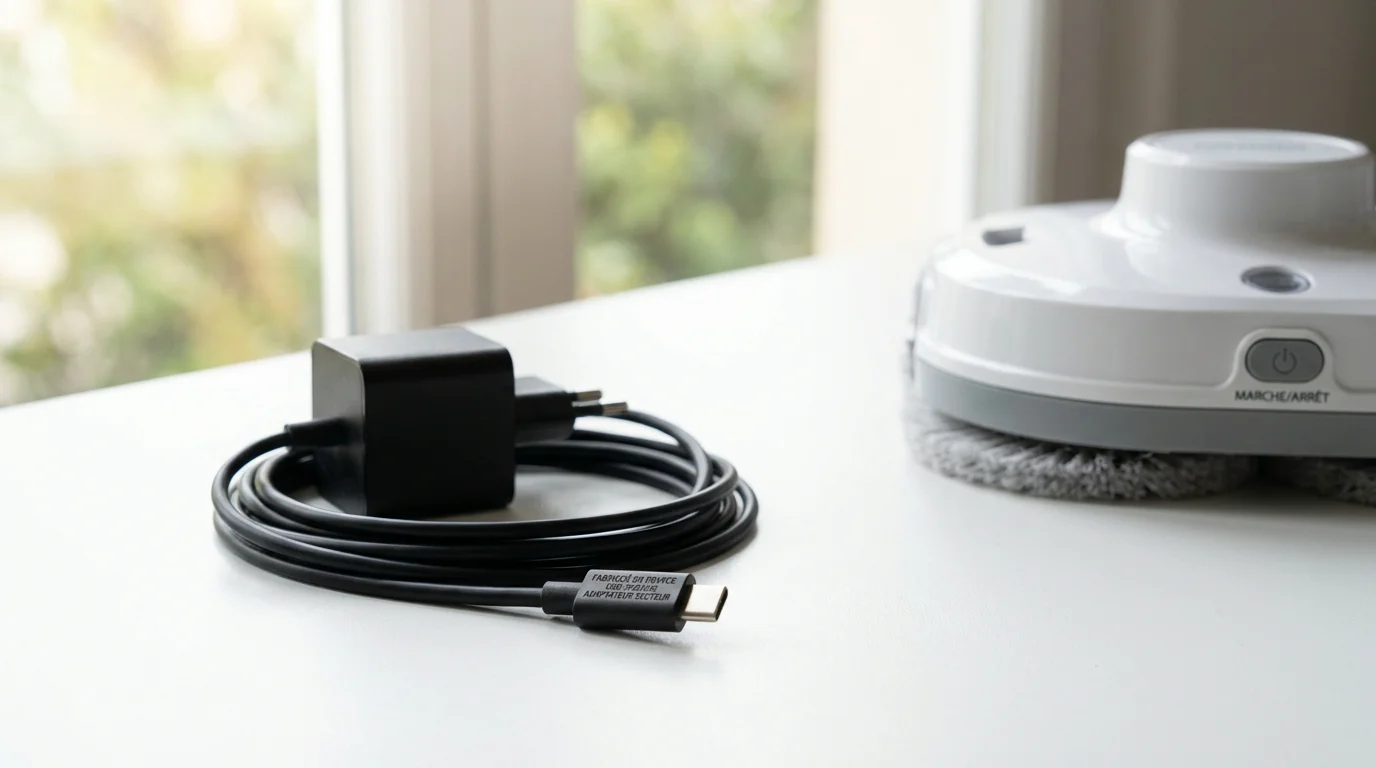 Chargeur et câble d'alimentation posés à côté d'un robot lave-vitre sur une surface blanche