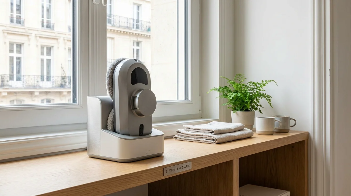 Station de recharge compacte pour robot lave-vitre posée sur une étagère dans un intérieur moderne
