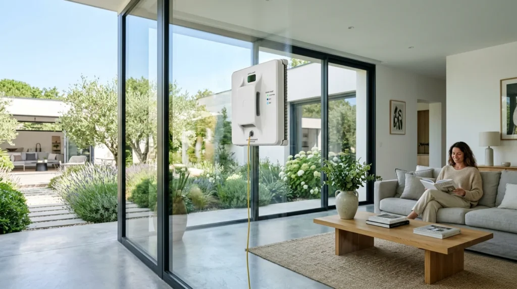 Robot lave-vitre nettoyant une grande baie vitrée dans une maison moderne