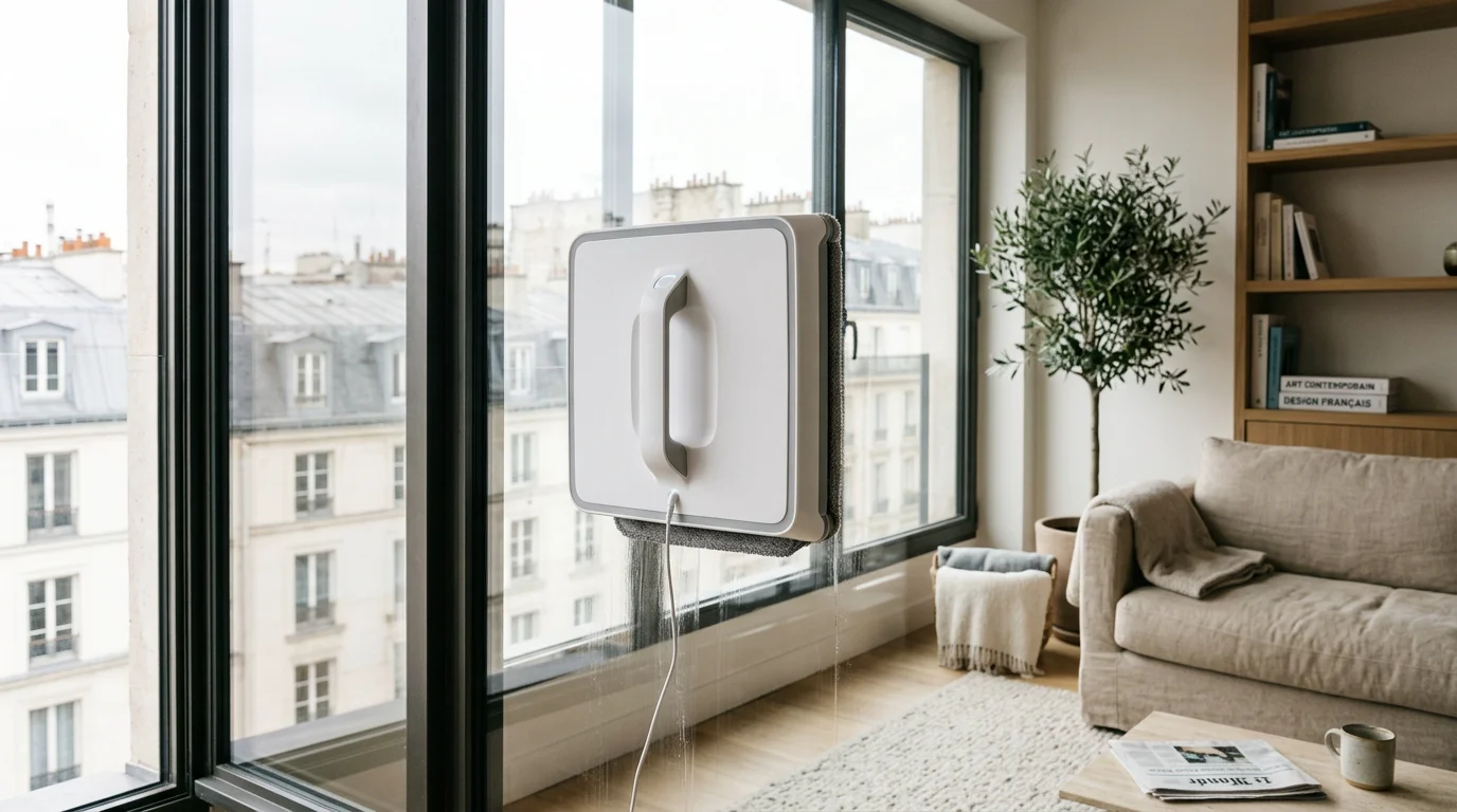Robot lave-vitre fixé sur une grande baie vitrée dans un salon