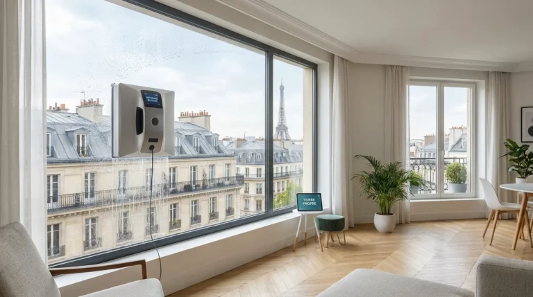 Robot lave-vitre en action sur une grande baie vitrée dans un salon moderne en France