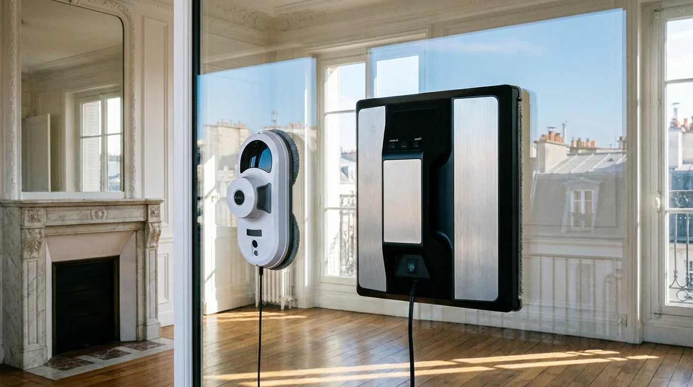 Deux robots lave-vitres de gammes différentes posés sur une grande baie vitrée