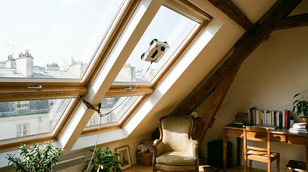 Fenêtre de toit Velux ouverte dans une pièce mansardée avec un robot lave-vitre prêt à être utilisé